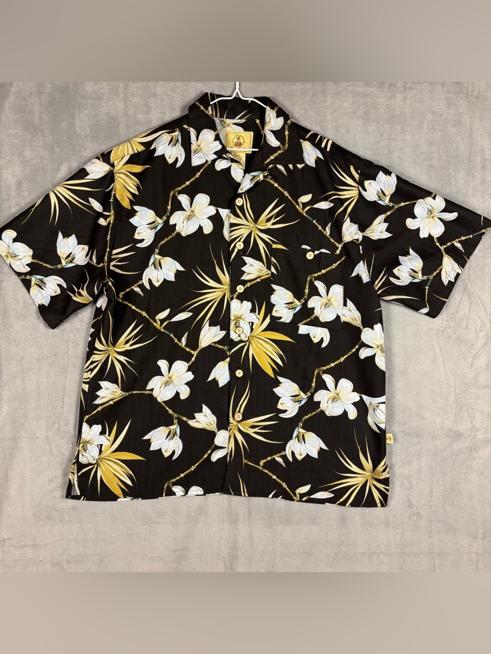 Vintage Joe Marlin Mens Large Hawaiian Camp Shirt Black Rayon Floral Button Up L
